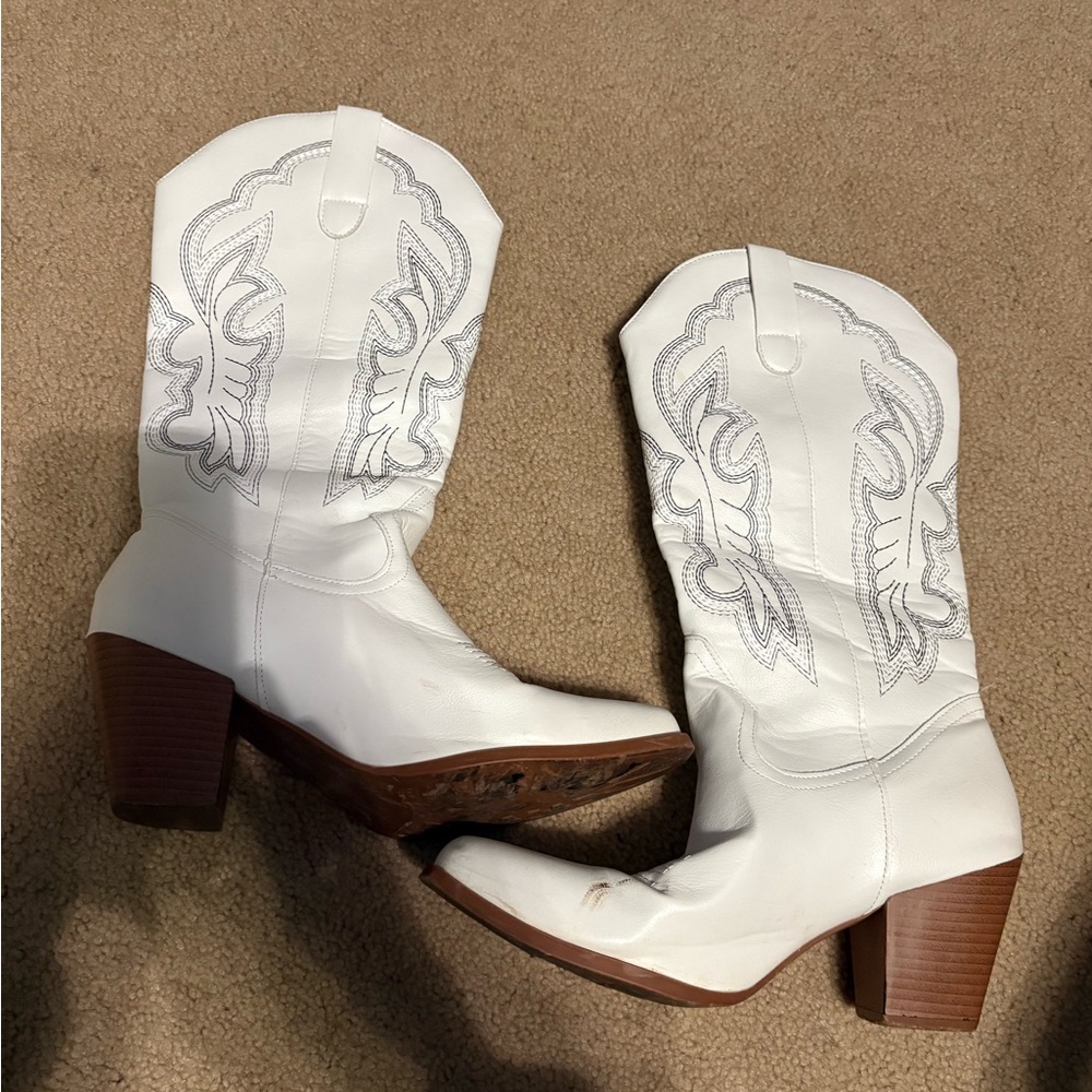White and Brown Heeled Boots Size 8